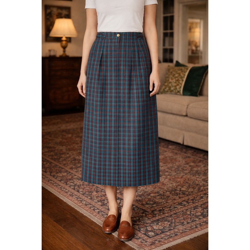 Nautica Vintage Plaid Maxi Skirt 4 Teal Purple Cotton Academia Preppy Y2K 90s‎